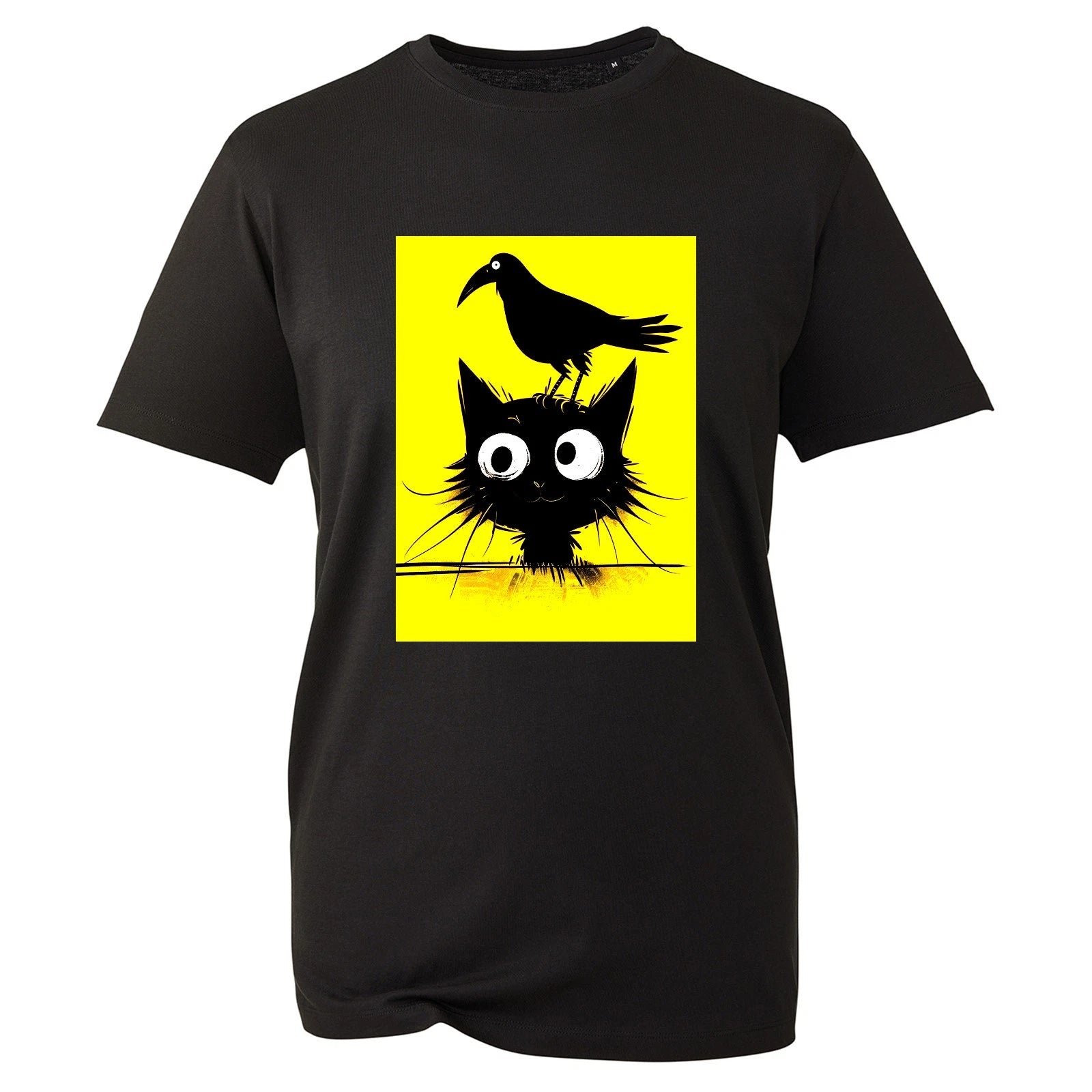 Black Cat T Shirt Crow Bird Yellow Box Graphic Print Funny Animal Novelty Top