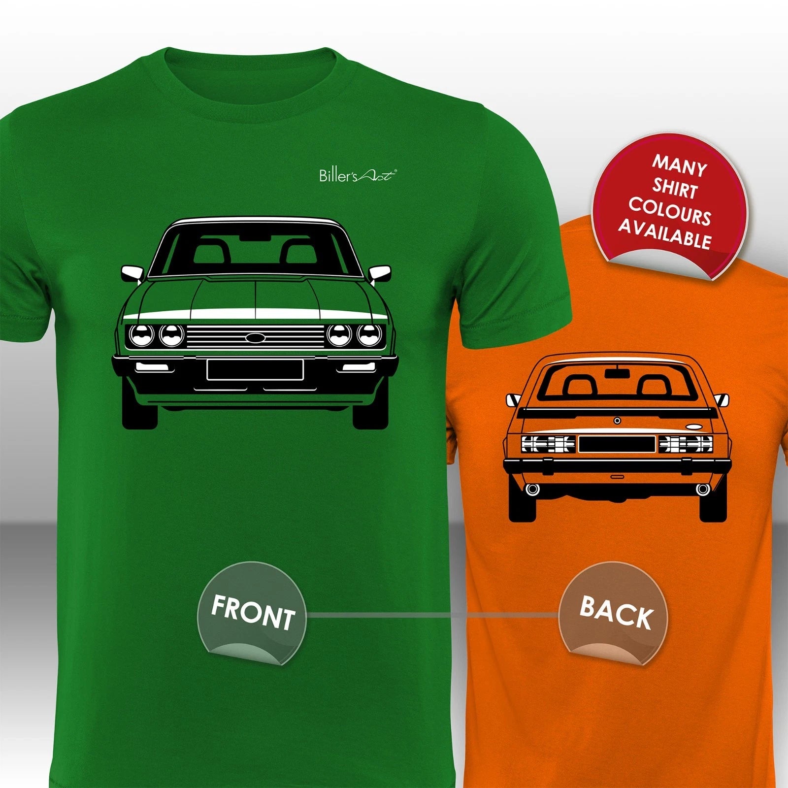 Ford Capri MK3 Front & Back View Super Cool hand printed T-Shirt