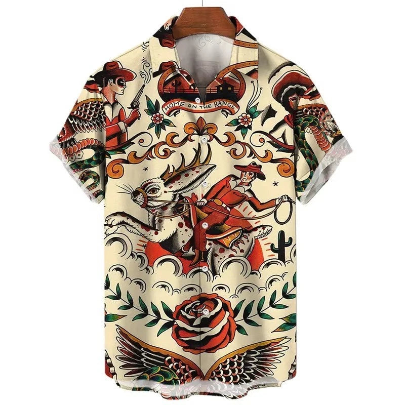 Mens Button Down Jackalope Rider Cowboy Tattoo Hawaiian Top Novelty Summer Shirt