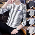 Men's Korean Stripe T-Shirt Long Sleeve Round Neck Casual Slim Fit Top