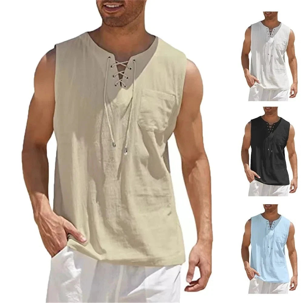 Men's Cotton Linen Sleeveless Vest Shirt V Neck Lace Up Casual Tank Top