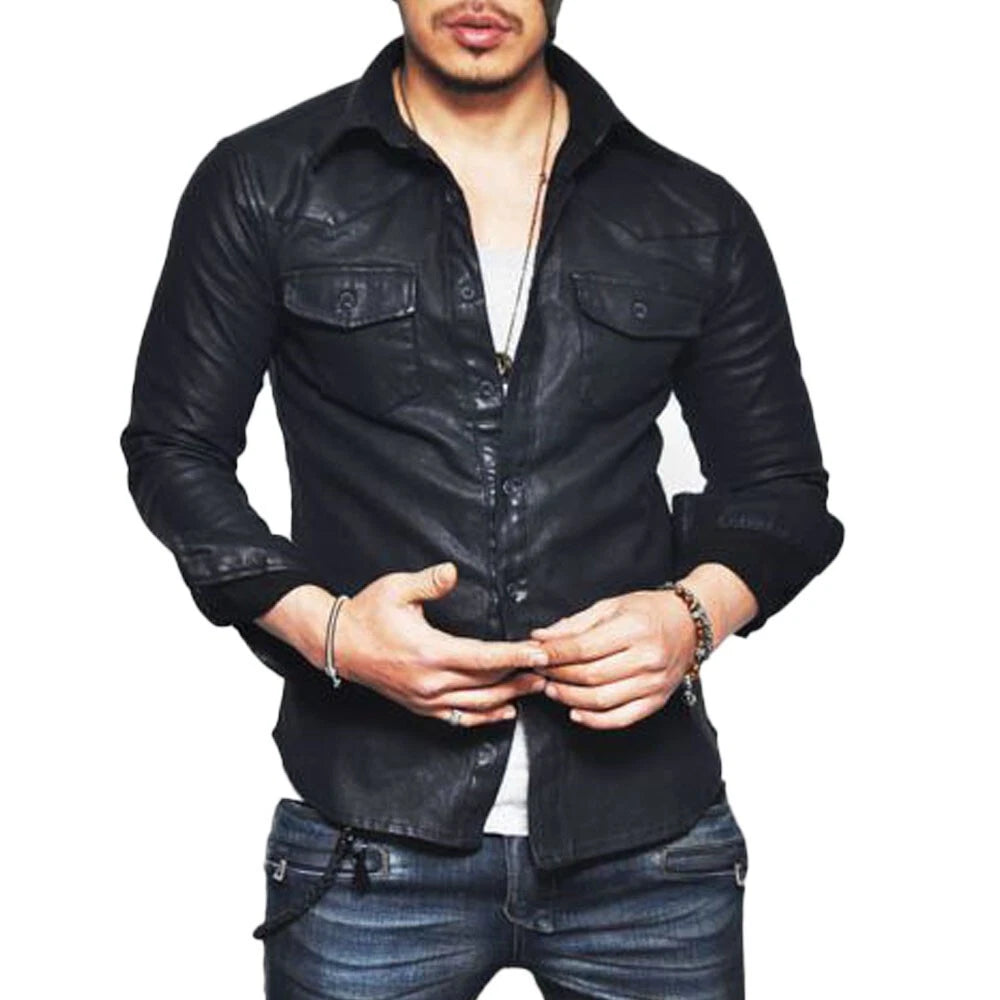 New Men Genuine Lambskin Black Leather Shirt Jacket Stylish Soft Slim Fit Shirt