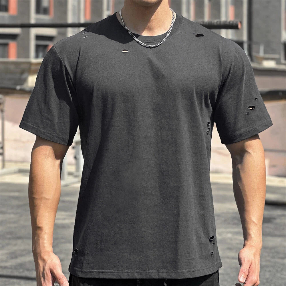 Men's Short Sleeve Ripped T-Shirt Classic Casual Slim Round Neck Shirts