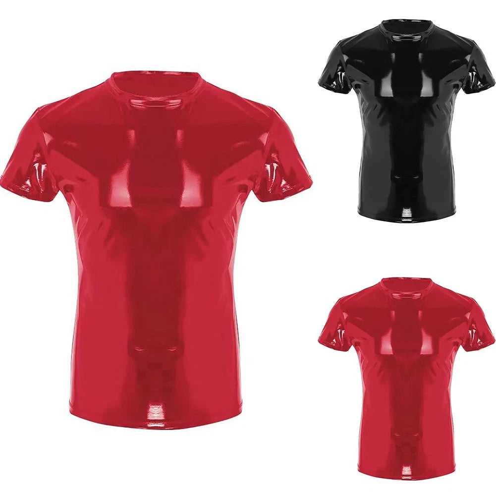 Stylish Men's Wet Look Faux Leather PVC Clubwear Short Sleeve T Shirt Top