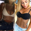 Fashionable Women V Neck Tank Top with Mesh and Rhinestones Accents Fishnet Vest