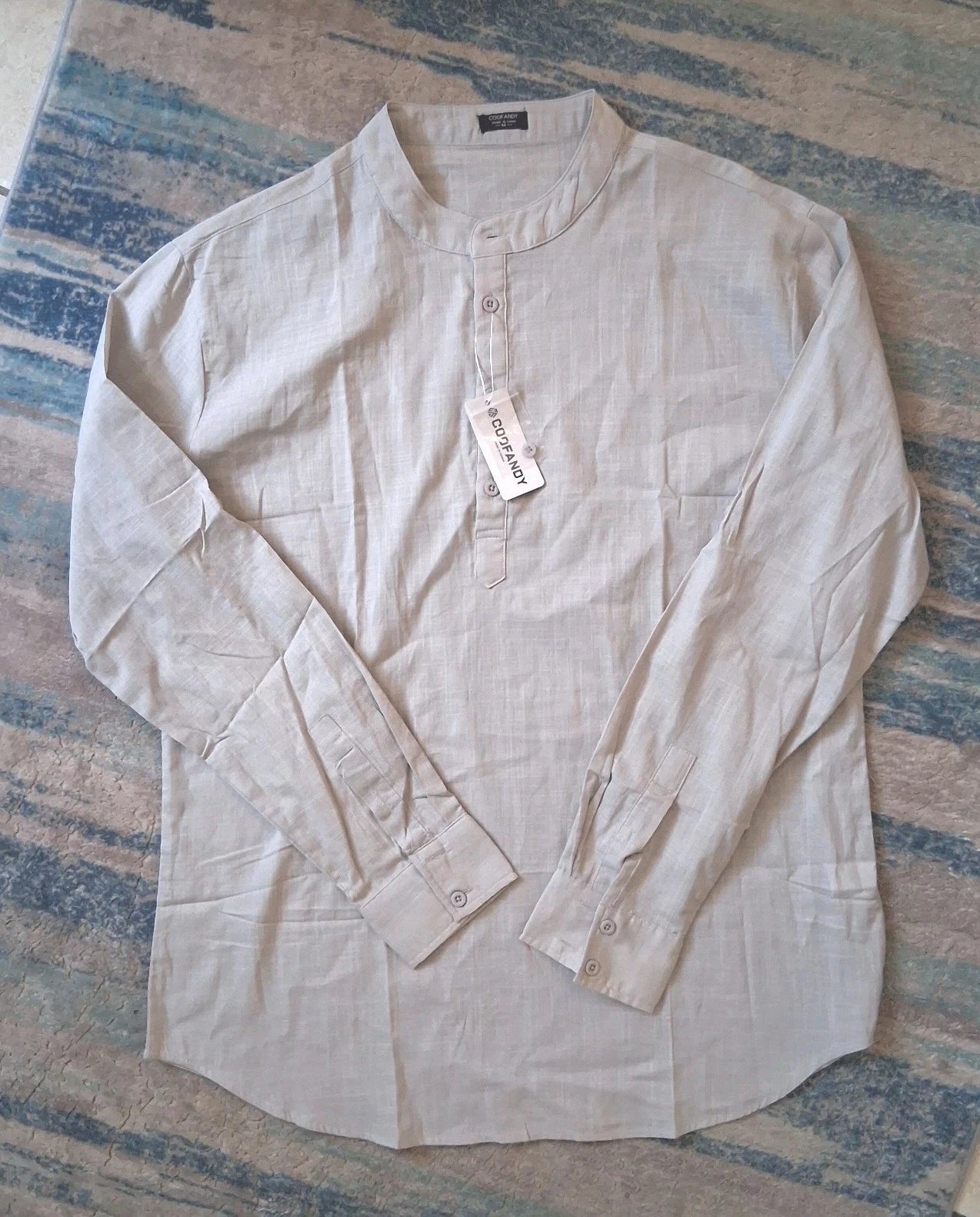 Men's Cotton Hemp Long Slv Casual Beach Henley Shirt Medium Coofandy Gray Boho