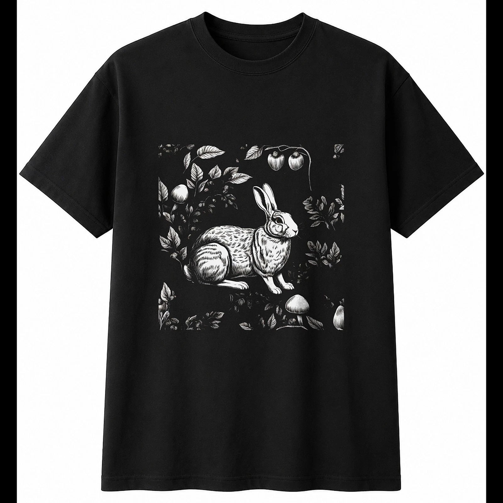Botanical Flemish Giant Rabbit with Mushrooms Cute Mens T-Shirt Black Kawaii Top