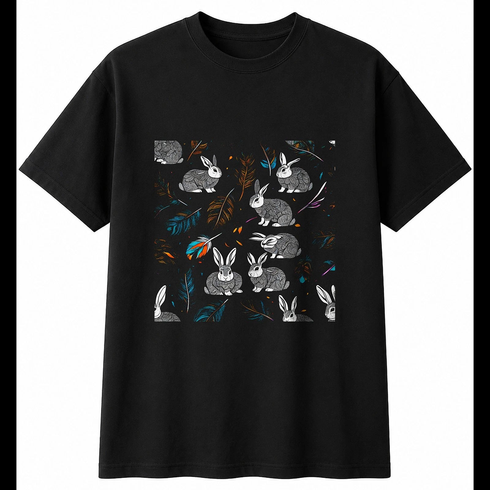 Graphic Netherland Dwarf Rabbit with Feathers Cute Mens T-Shirt Black Kawaii