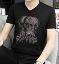 New Men Luxury V-Neck Rhinestones Gothic Skull Black T-Shirt High Quality
