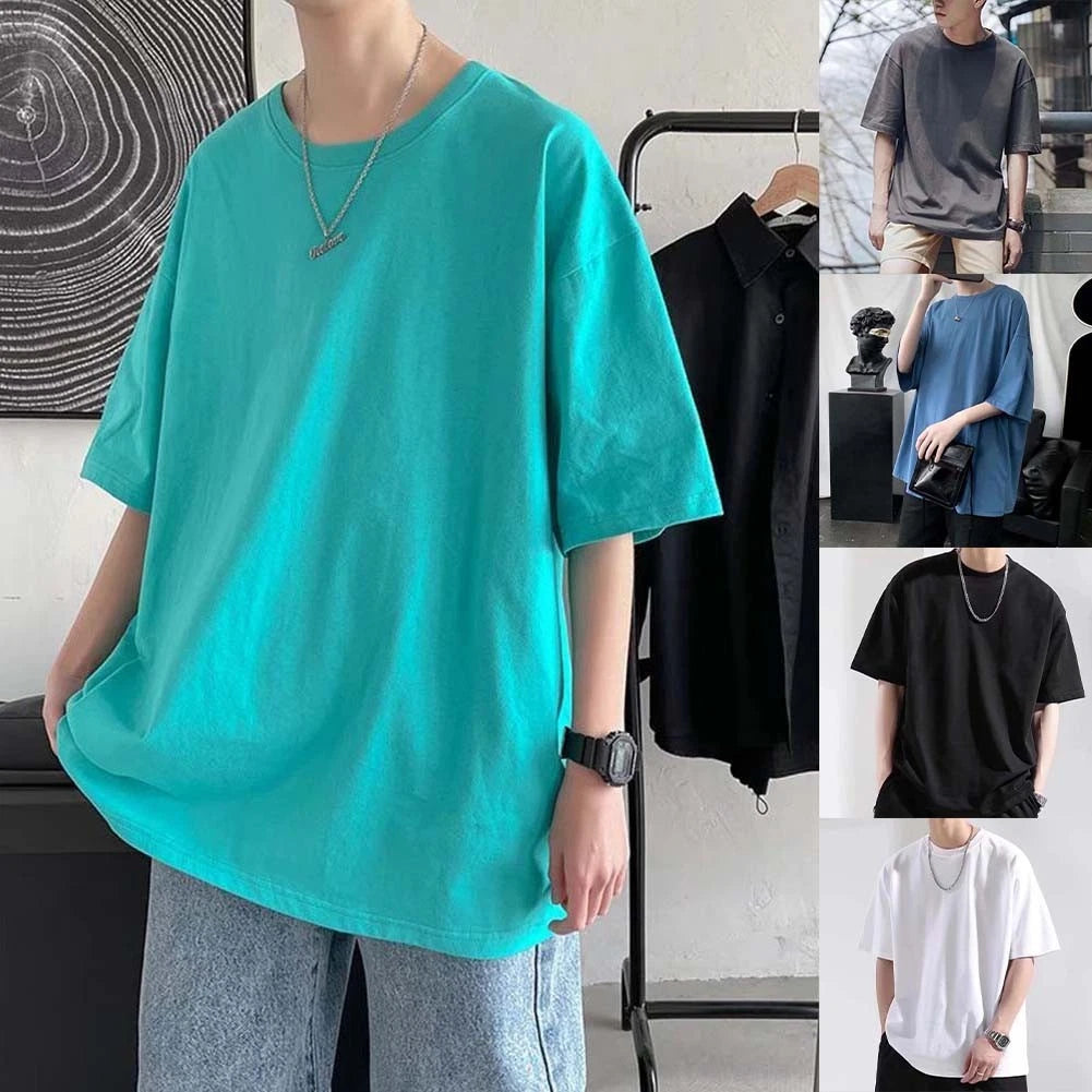 Men's Oversized Tee Solid Color Shirt Round Neckline 96%Polyester+4%Spandex