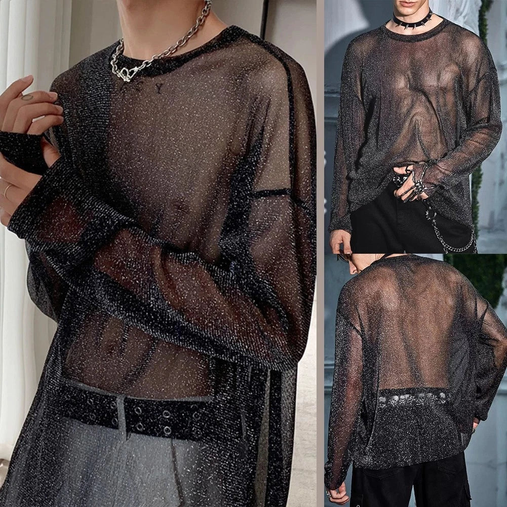 Long Sleeve Translucent Men's T Shirt Lightweight Casual Black Size M to 3XL