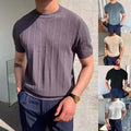 Men Short Sleeve Striped Knitted T Shirt Korean Style O Neck Casual Street Wear