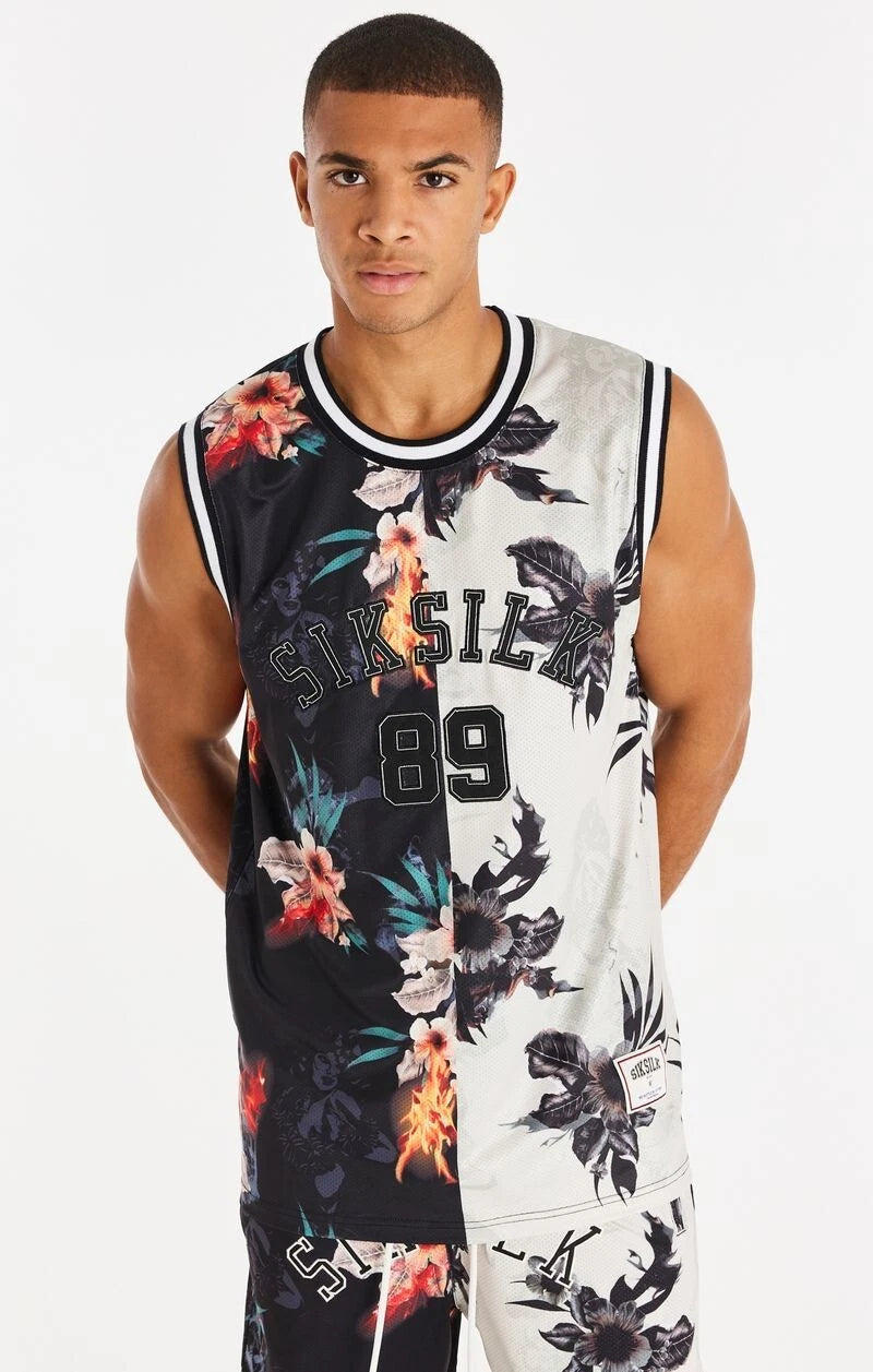 SikSilk Mens Black / Ecru Retro Fire Basketball Vest Medium