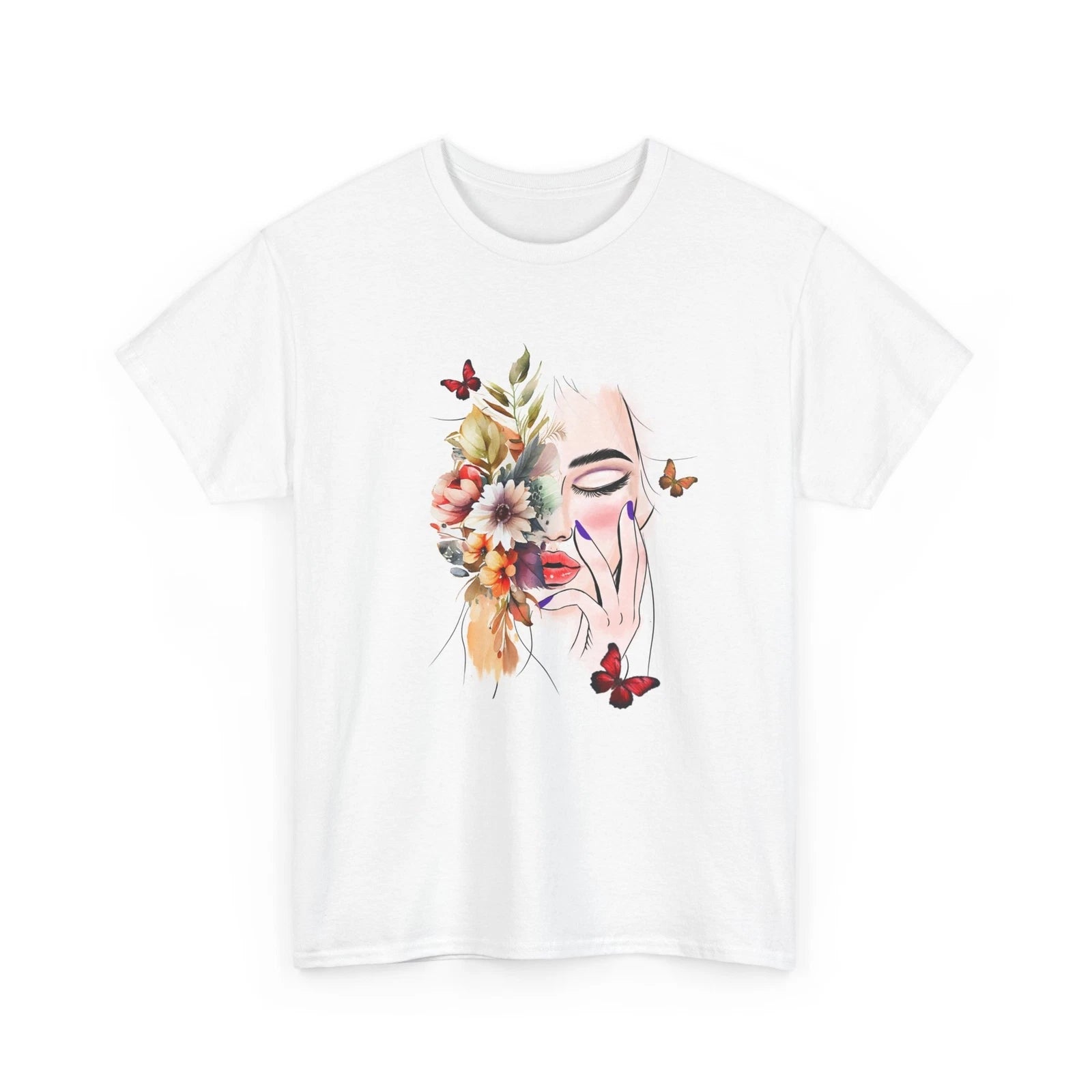 Floral Face Woman Heavy Cotton Tee, Stylish T-Shirt, Gift for Her, Boho Style