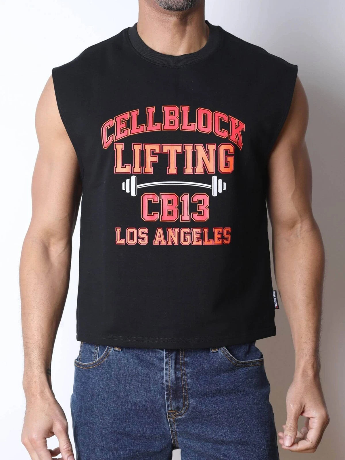 CellBlock13 Mens Lifting Club Cropped Muscle Tank, Black Cotton, Gym/Workout Top