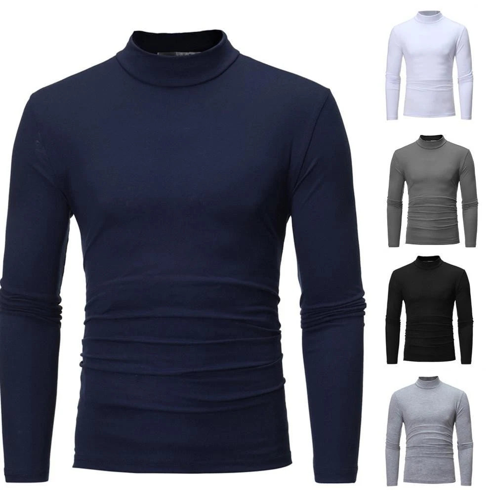 Men Knitted Slim Fit Turtleneck Pullover Long Sleeve Elastic Base Tshirt