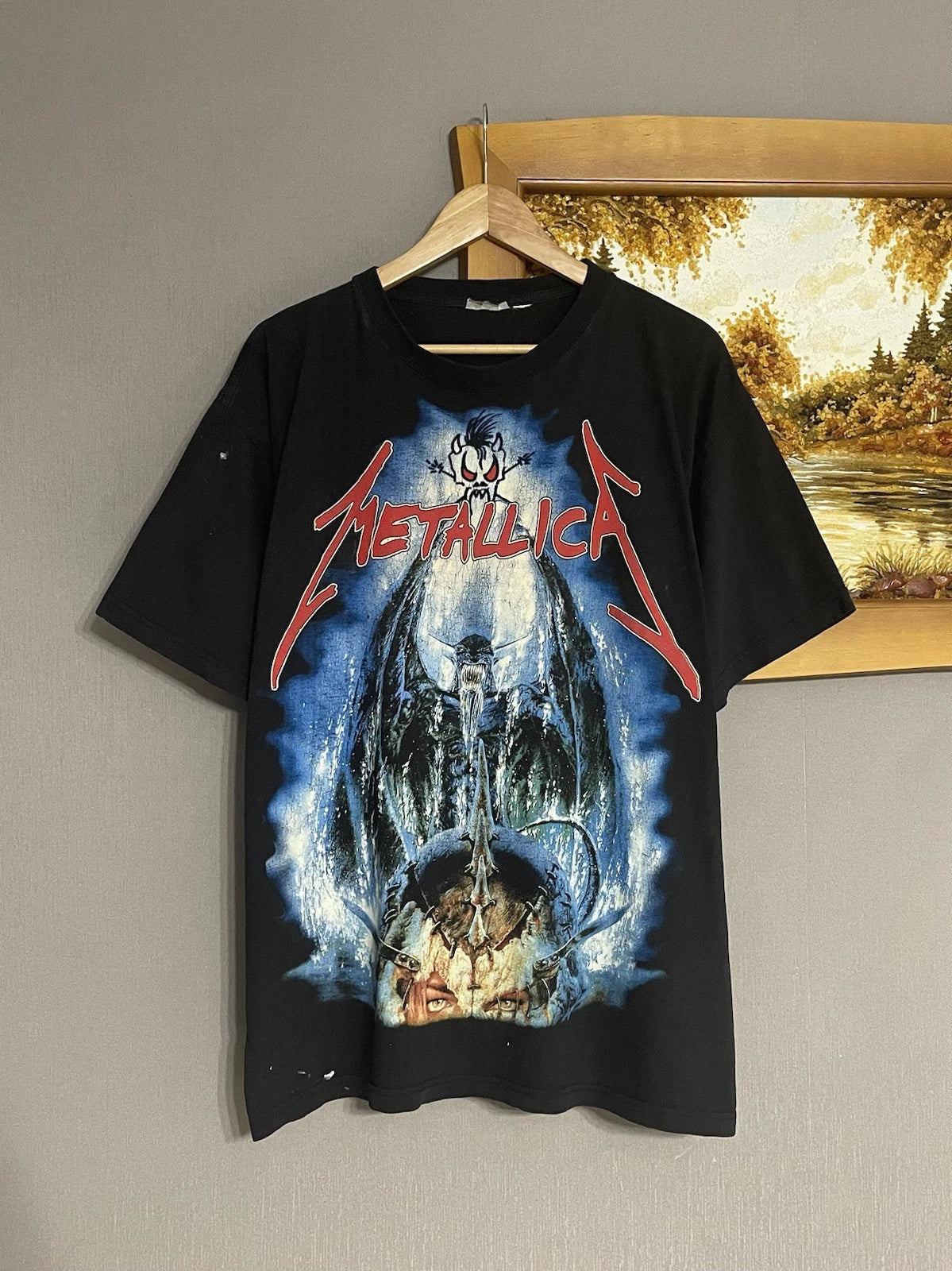 Crazy Rare Vintage 90s Metallica Demon Skull AOP T-shirt Black Size XL Rock Band