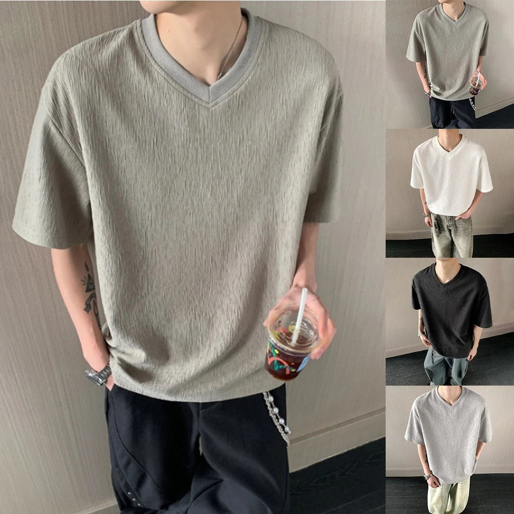 Men's V Neck Short Sleeve T Shirt Loose Fit Pure Color Texture Casual Top