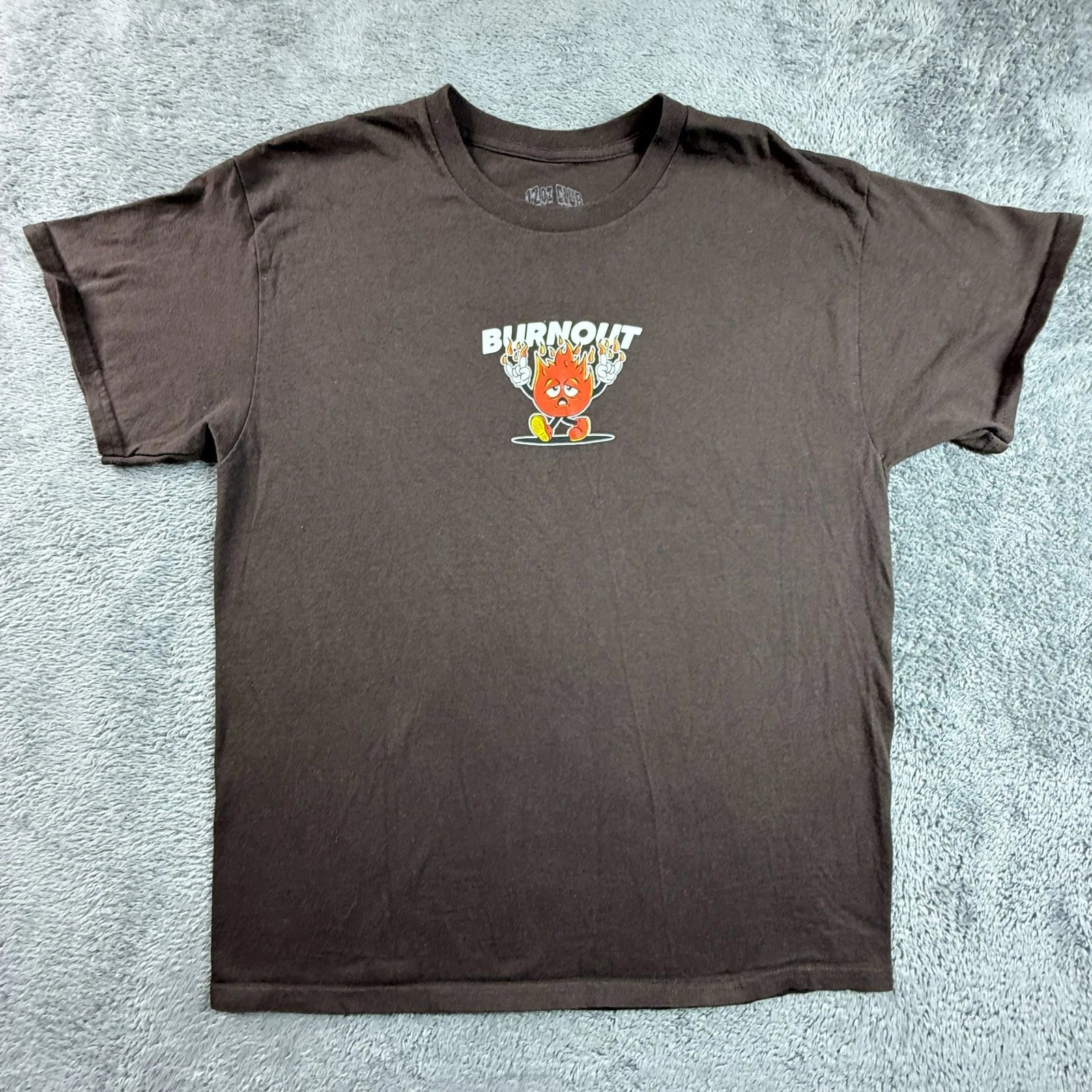 12oz Club Burnout Tee L Brown Cotton Crew Neck Fire Graphic Streetwear