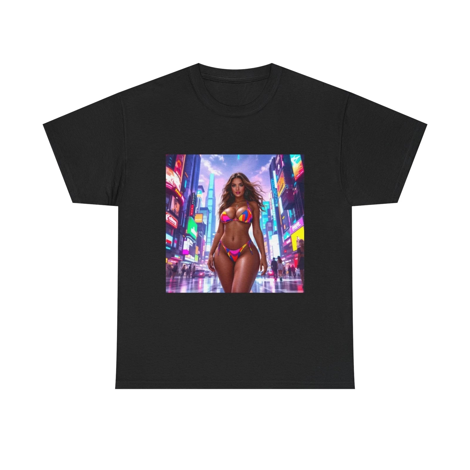 Futuristic City Curvy Woman Tee, Colorful Bikini Graphic Shirt, Unisex Urban