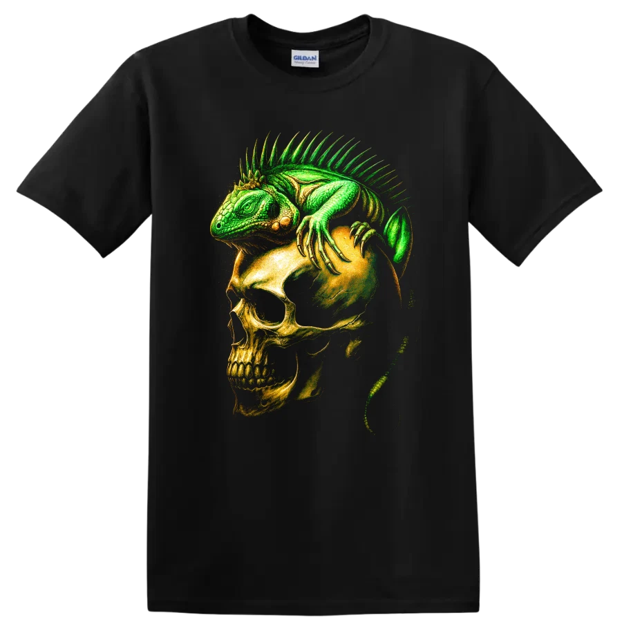 Iguana Skull T Shirt Green Reptile Skeleton Gothic Horror Graphic Art Cool Tee