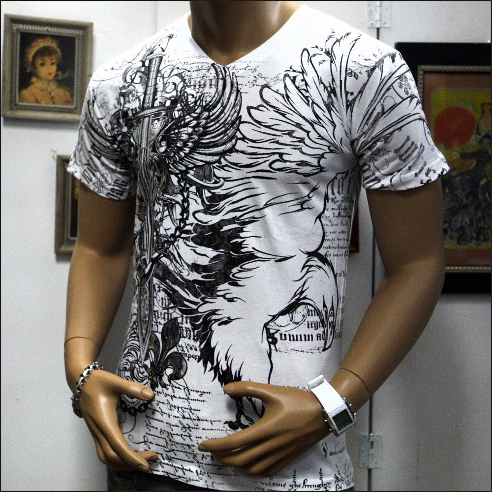 NEW MENS V NECK SLIM MUSCLE FIT T SHIRT EAGLE SWORD FOIL WHITE S M L XL 2XL R$69