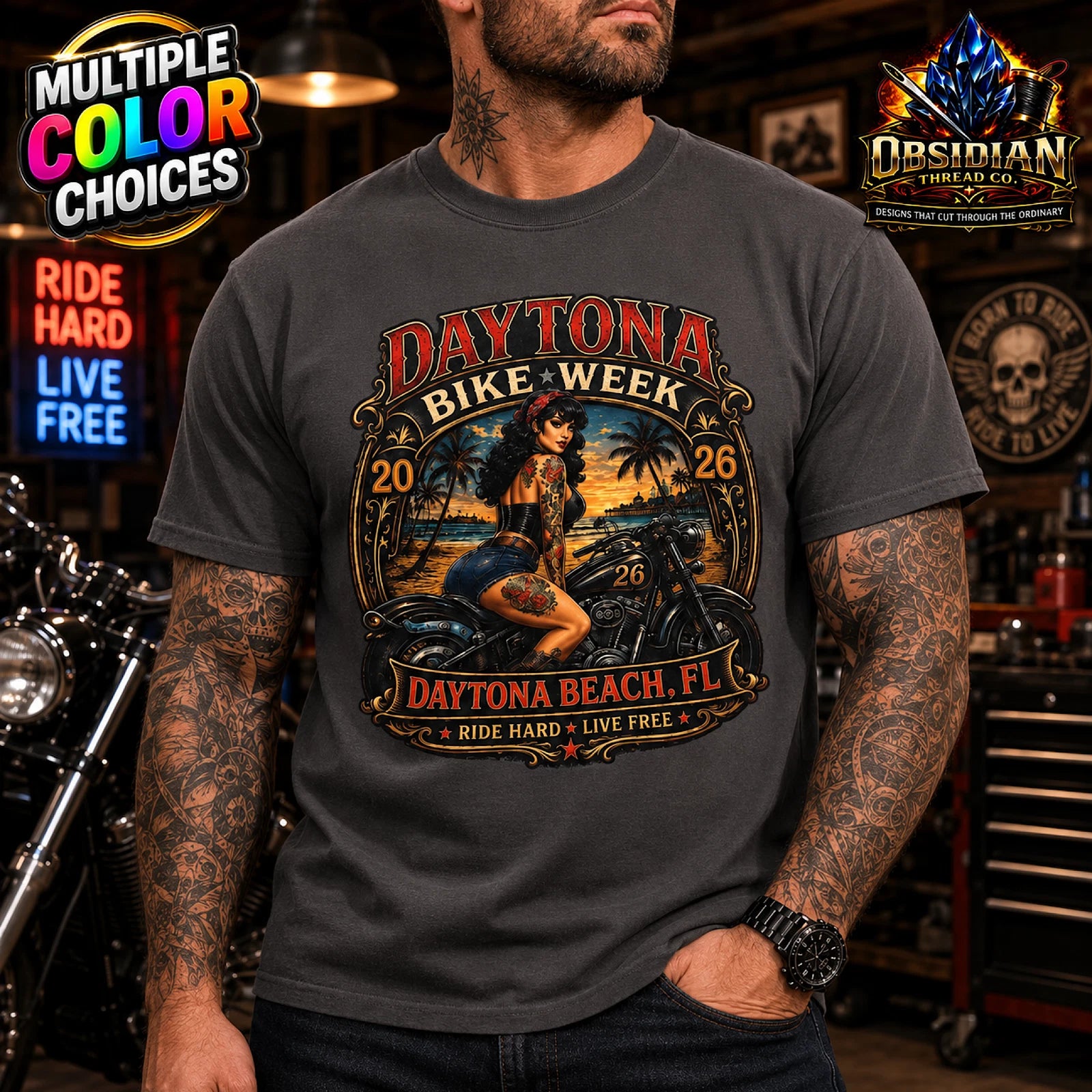 Daytona Bike Week 2026 Daytona Beach FL Pinup Motorcycle Rally T-Shirt No Harley