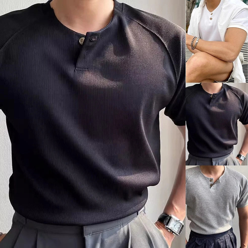 Ribbed Stretch Top Men V Neck T-shirt Short Sleeve V Neck Ribbed Texture