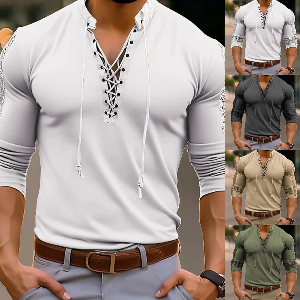 Slim Fit V Neck Mens Long Sleeve Lace Up Pullover T Shirt Casual Muscle Tops