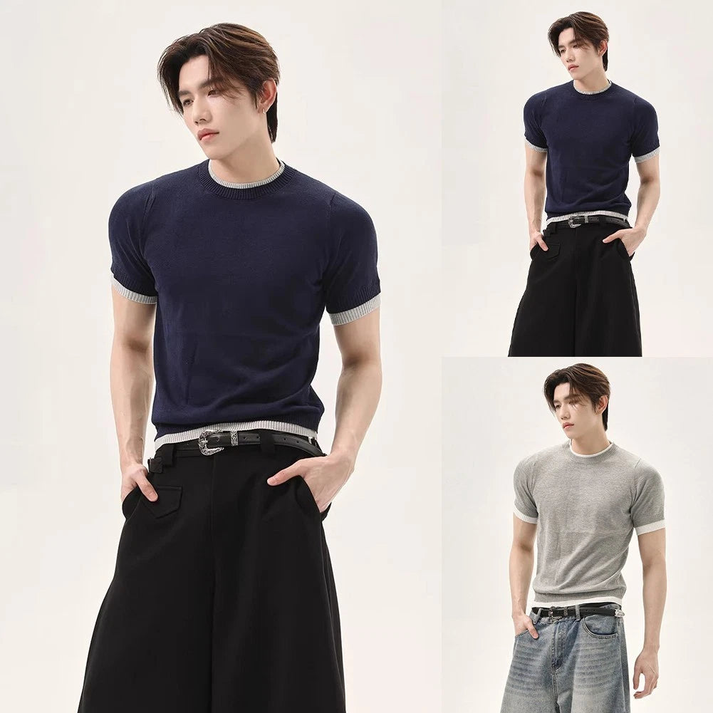Men Knit T-shirt Daily Wear Knitted Short Sleeve O-neck Regular Length