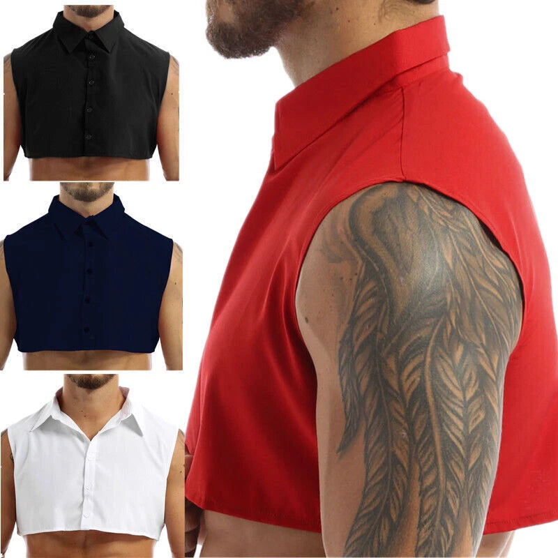 Men Shirt Pure Crop Top Lapel Collar Half Blouse Choker Collared High Neck Work
