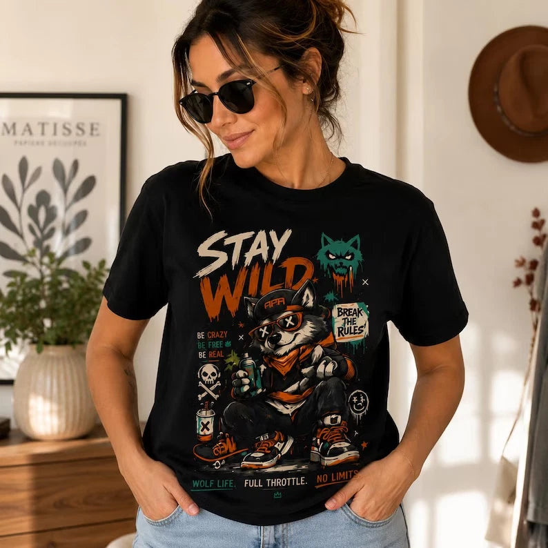 Retro Street Art Shirt Stay Wild Wolf Lover Urban Graphic Tee