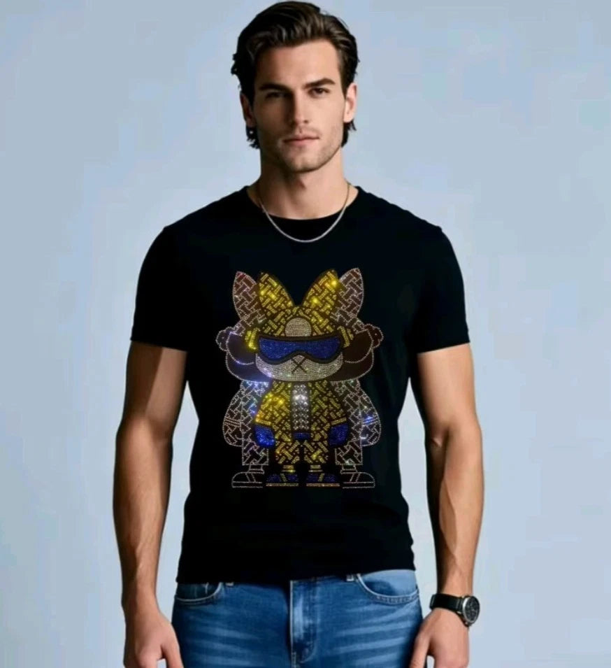 New Men Luxury Diamond Rabbit Rhinestones Fashion T-Shirt High Quality 4 Colors