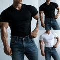Men Short Sleeve V Neck Tee Shirt in Black or White Polyester Spandex Blend
