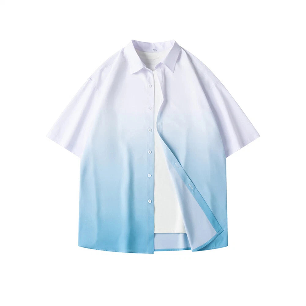 Men's Gradient Shirt Casual Slim Shirts Short Sleeve Button Down Tops Blouse