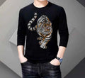 New Men Luxury Tiger Rhinestones Fashion Black Long T-Shirt High Quality