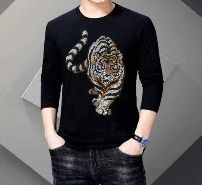 New Men Luxury Tiger Rhinestones Fashion Black Long T-Shirt High Quality