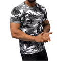 Mens loose round neck gray camo printed short sleeve T shirt for daily wear