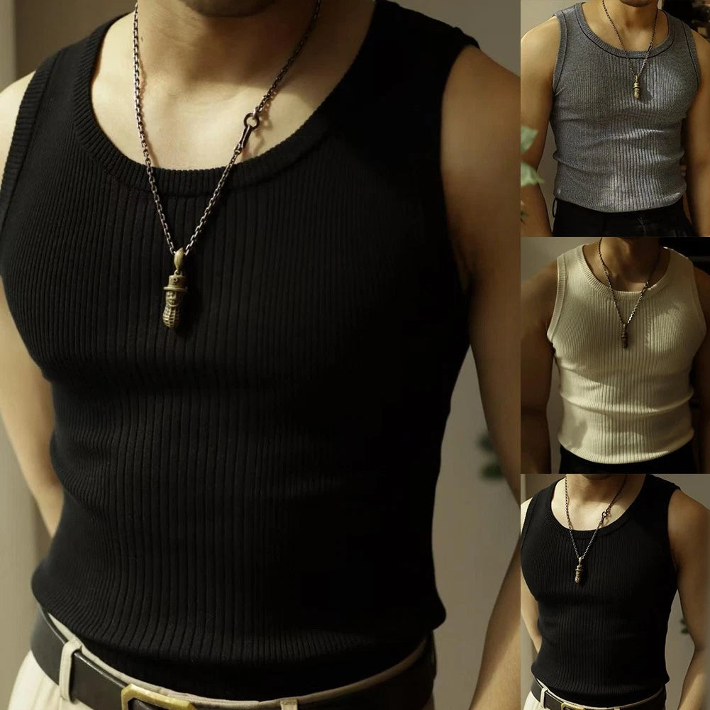 Grey Sports Gym Bottoming Slim Tank Top Stylish Ribbed Knit Design for Men