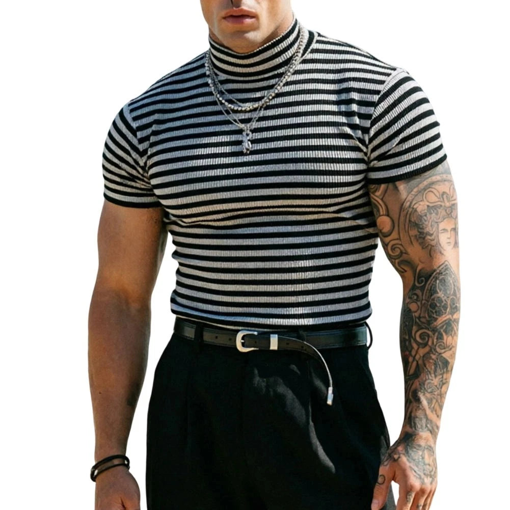 Striped Men's Slim Fit Turtleneck Tee - Short Sleeve Athletic Pullover Top
