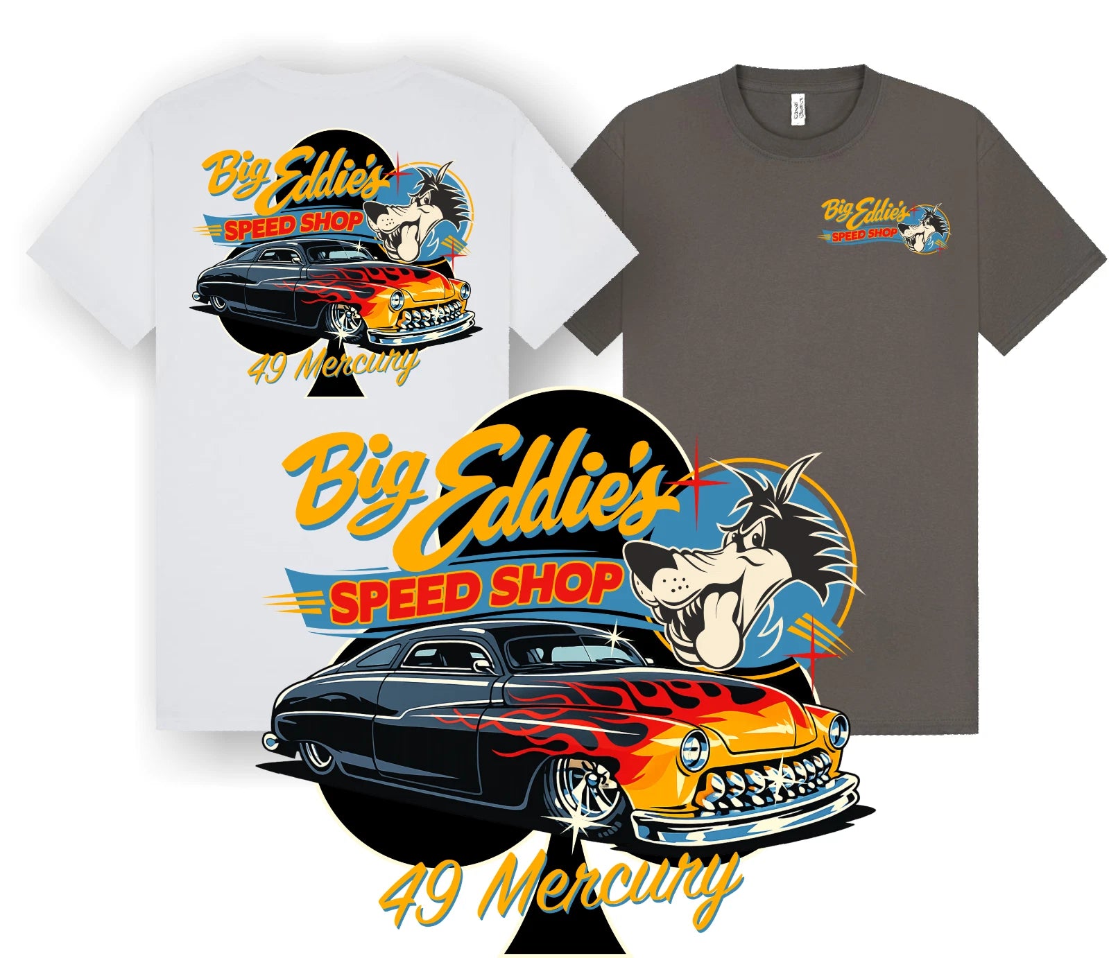 Big Eddie’s Speed Shop 49 Mercury Hot Rod T‑Shirt Retro Flame Design