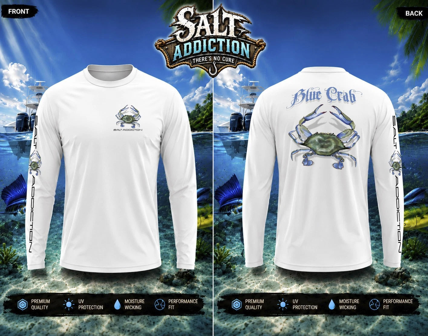 Salt Addiction Blue Crab Performance Fishing Shirt UPF 50 UV Long Sleeve dry