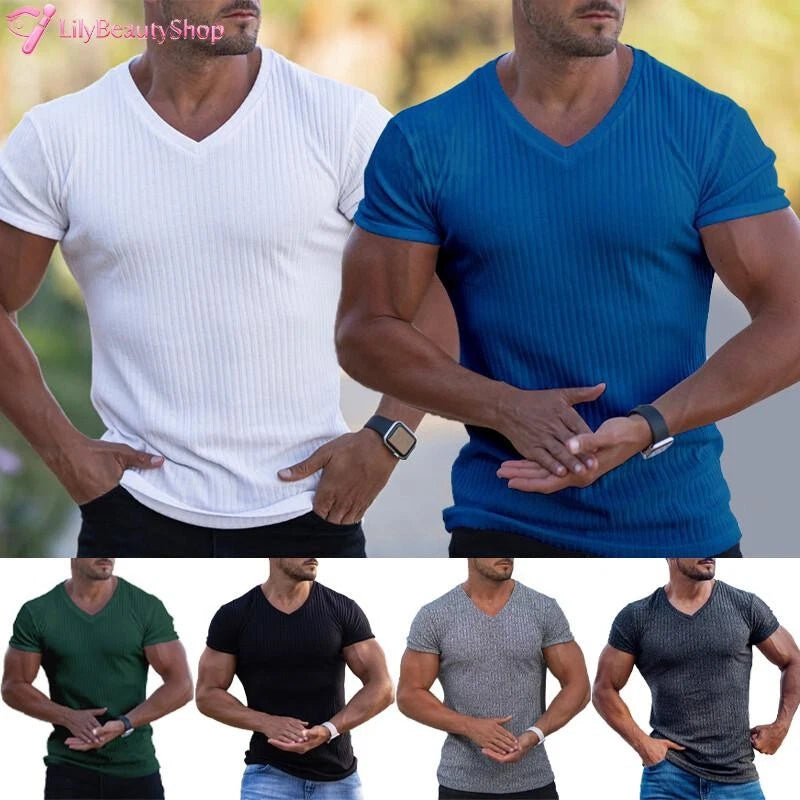 Mens V Neck Short Sleeve Top T-shirt Slim Fit Stretch Sport Gym Muscle Tee