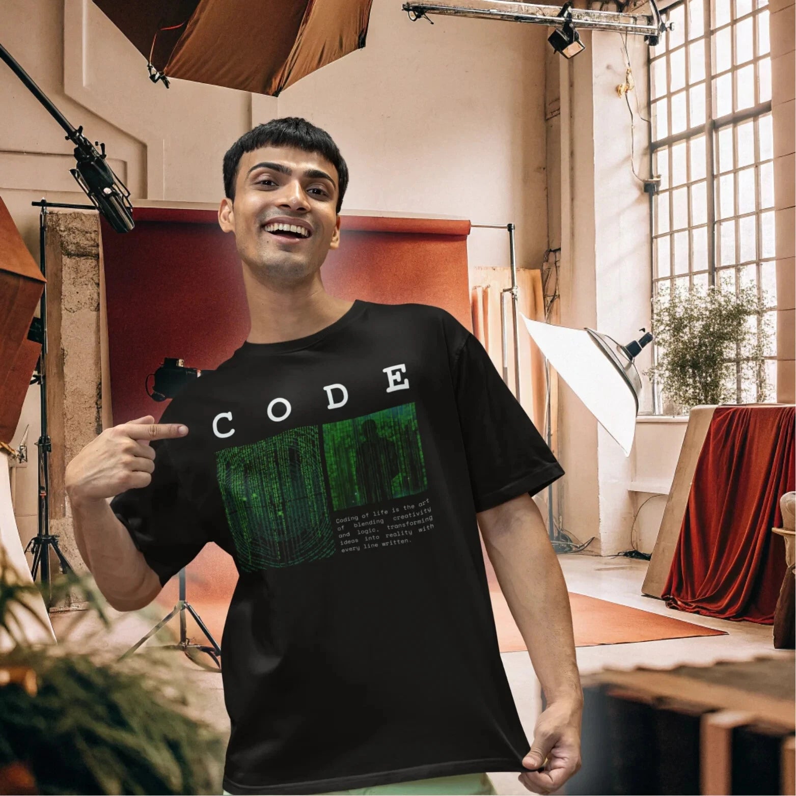 Men's Oversized Black 'CODE' T-Shirt with Green Matrix Digital Graphic Print