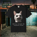 Smiling Through The Corporate Dread Funny White Cat Meme Unisex T-Shirt