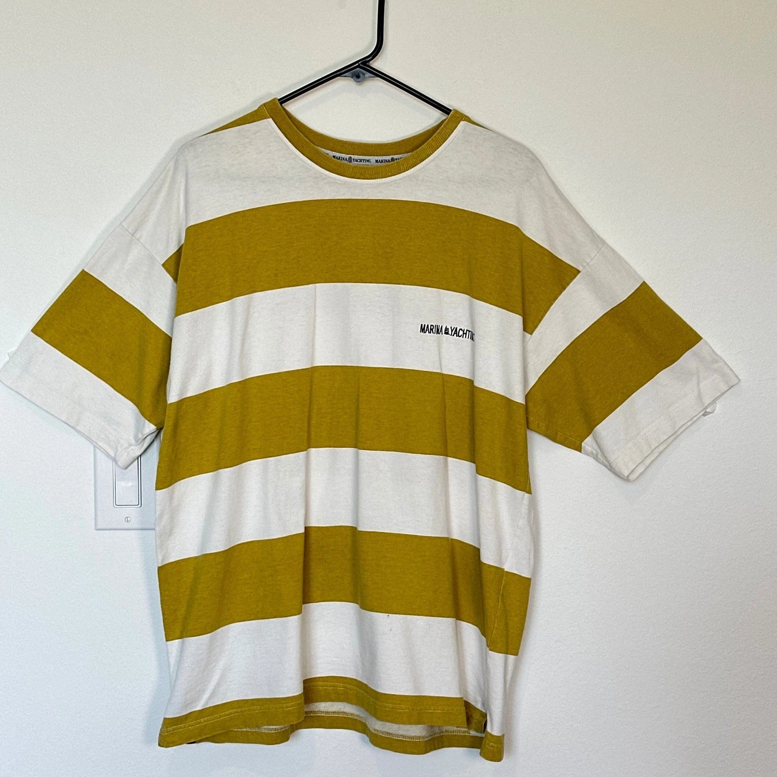 Marina Yachting Boxy Oversized Tee Mustard Stripe Retro Coastal Nautical Sz M
