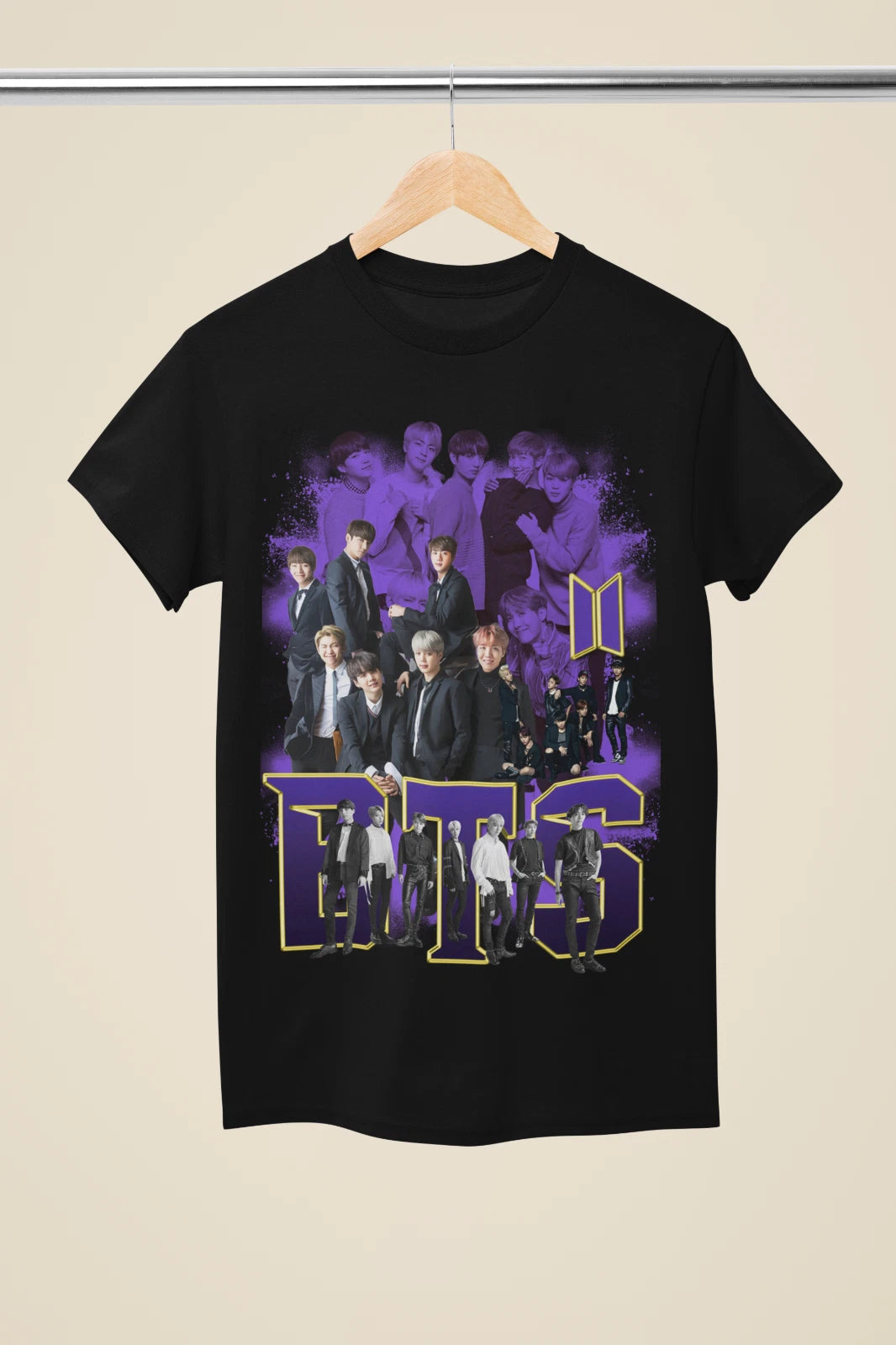 BTS Purple Bold Logo & Suit Photo Collage Black T-Shirt - (MU32)