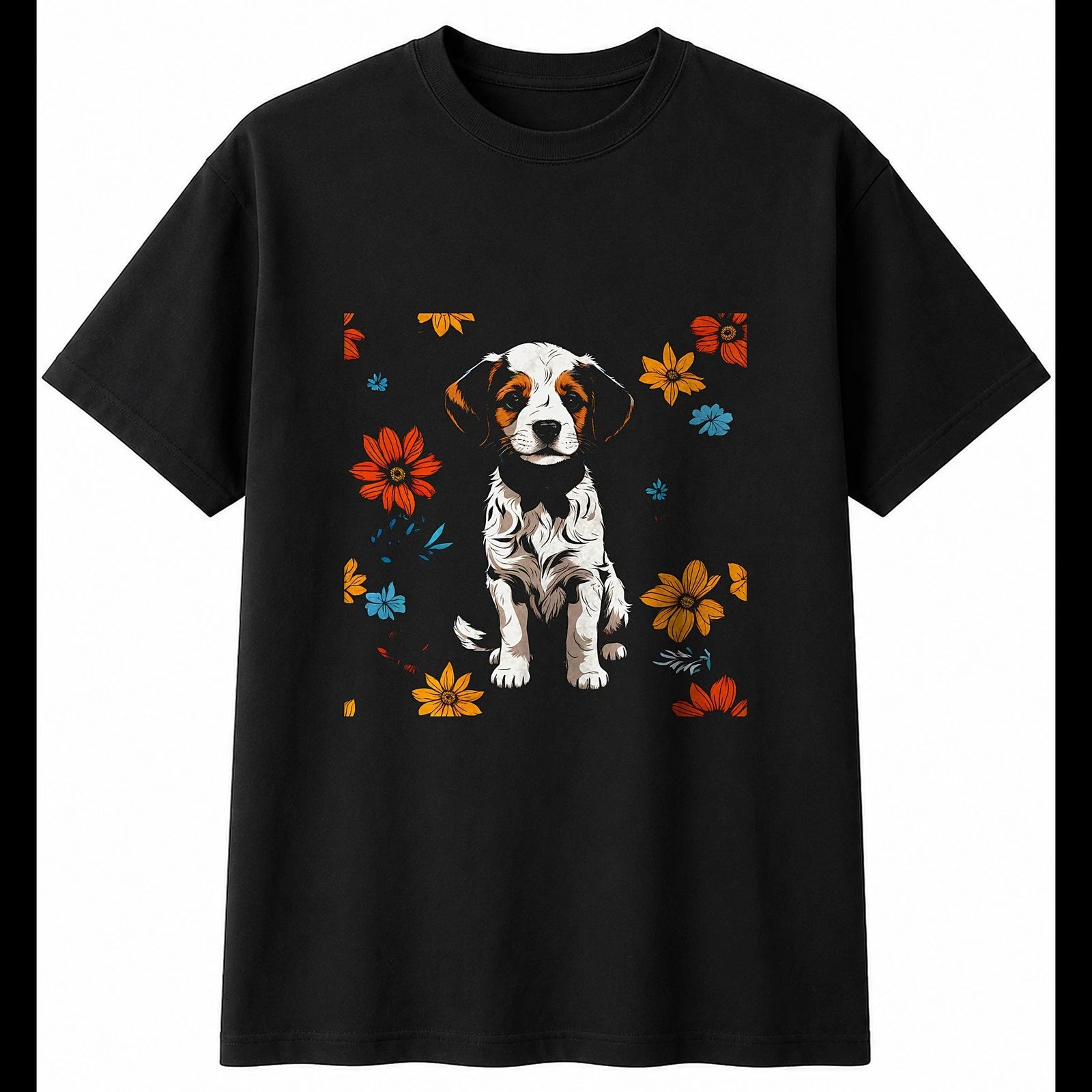 Puppy with Flowers Dog Mens T-Shirt Black 100% Cotton Adorable Novelty Kawaii