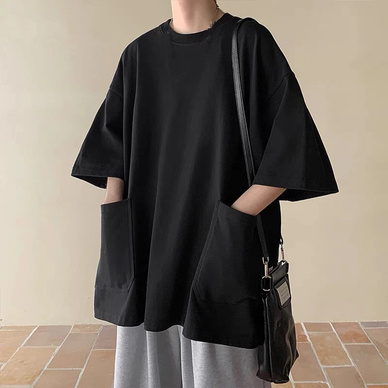 Men Big Pocket T Shirt Loose Oversized Raglan Half Sleeve Tee Top Harajuku Shirt