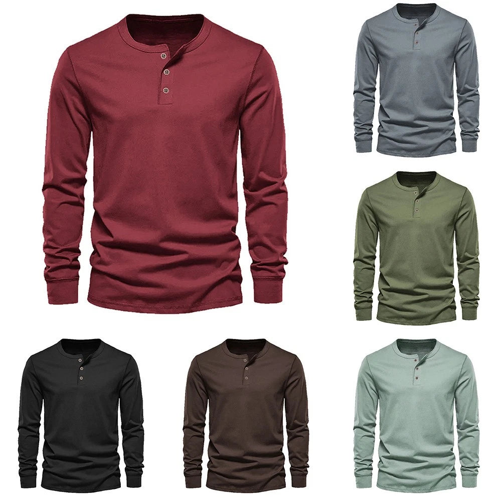 Casual Solid Color Henley Collar Men's Pullover Long Sleeve T Shirt Top